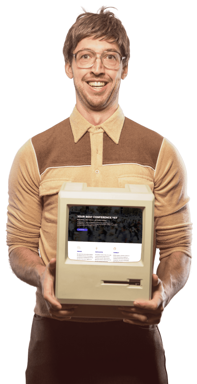 Man holding a vintage Apple Macintosh with a screen showing Event Engine.