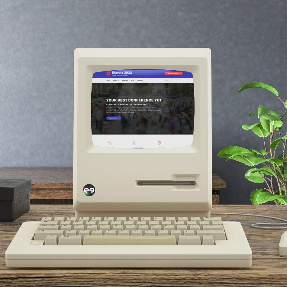 A vintage computer with with the following theme showing on the screen: Diavola Template