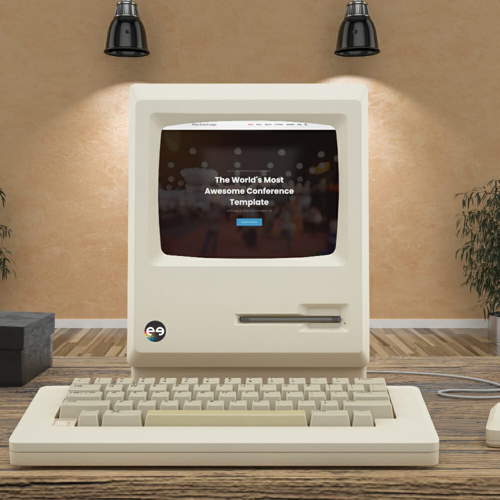 A vintage computer with with the following theme showing on the screen: Formagio Template